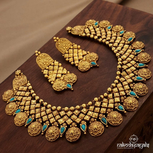 Turquoise Drop Neckpiece With Earrings (Gn9786)