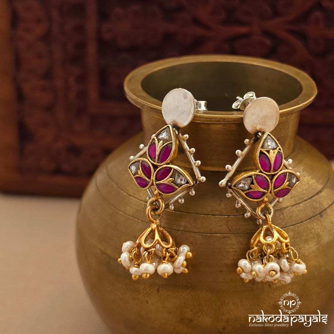 Kemp Floral Pearly Dual Tone Jhumka (J1859)