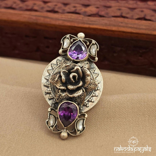 Oxidised Rose With Purple Drop Finger Ring (F3002)