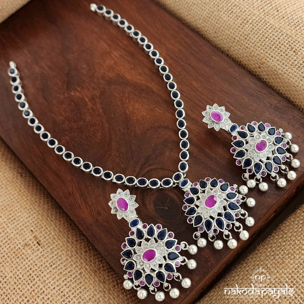 Blue Ball Drop  Neckpiece With Earrings (N10848)