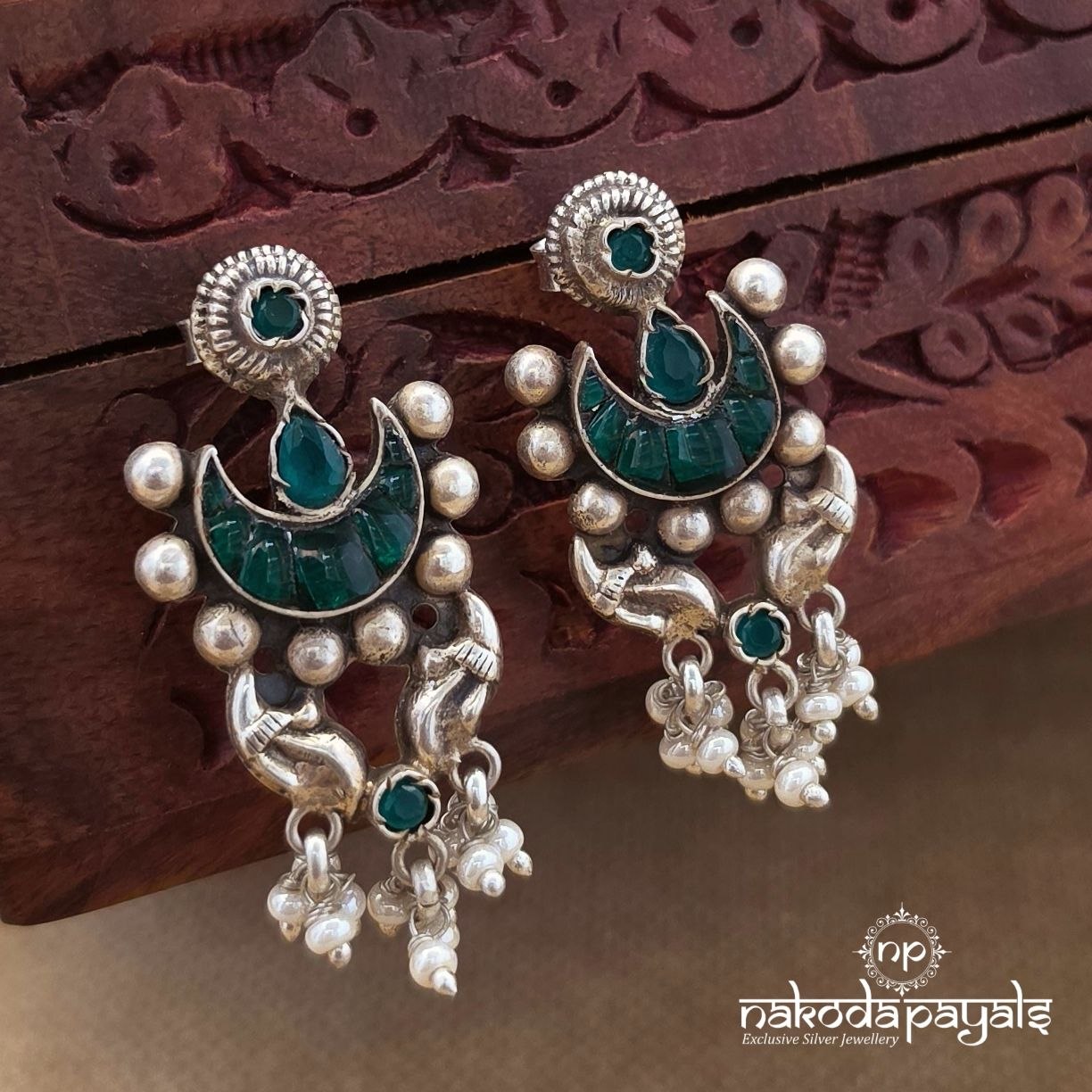 Half Moon Green Drop Pearl Studs (S4204)