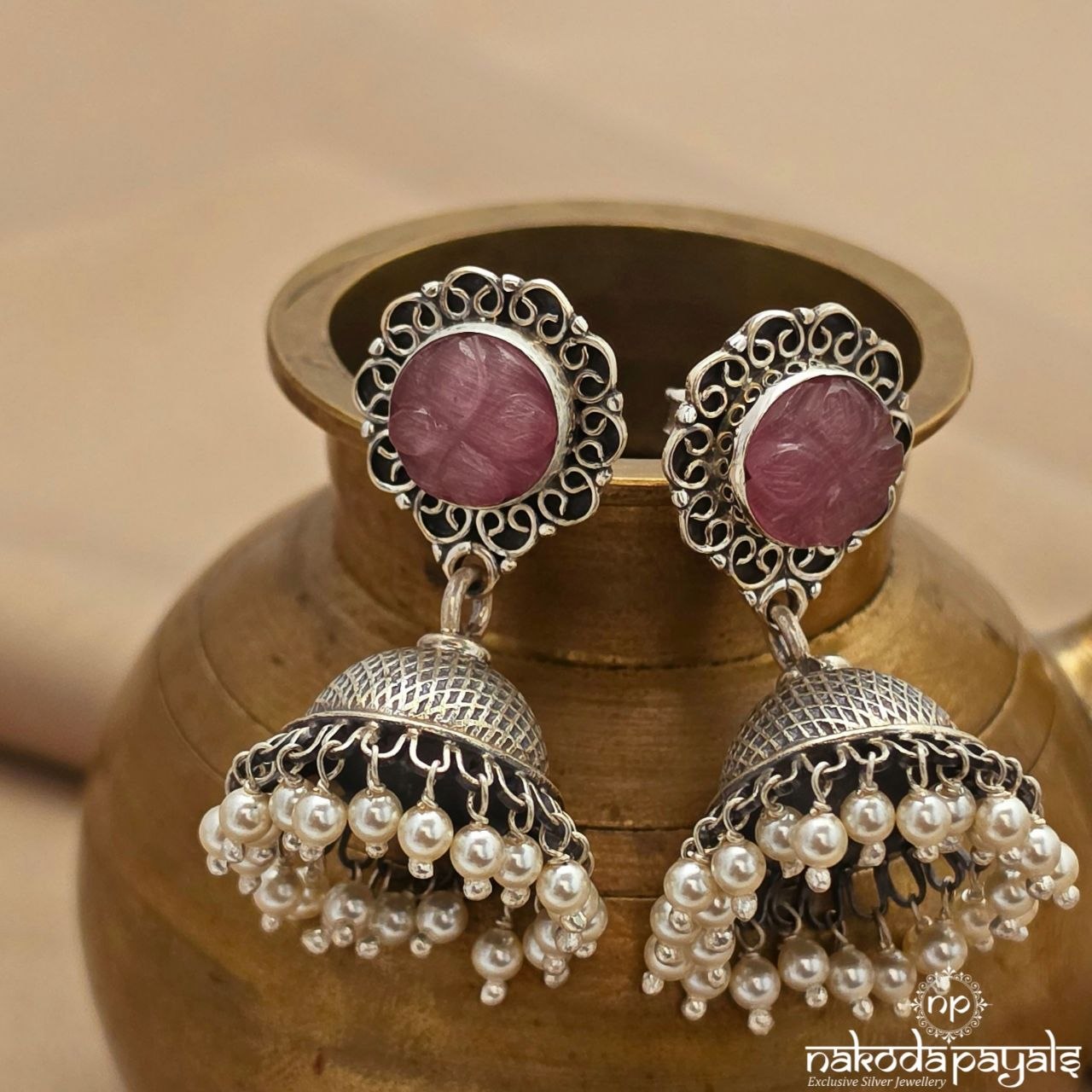 Rose Quartz Oxidised Pearl Jhumka (J1740)
