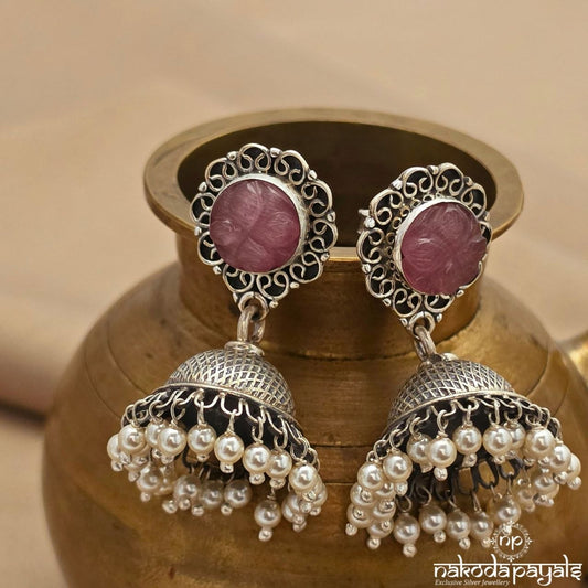 Rose Quartz Oxidised Pearl Jhumka (J1740)