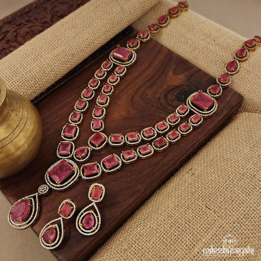 Rectangular Pink Neckpiece with Earrings (Gn8614)