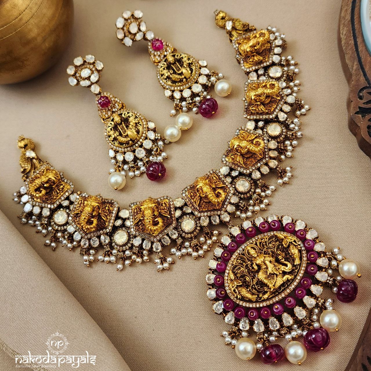Ganesha Moissanite Neckpiece With Earrings (Gn8593)