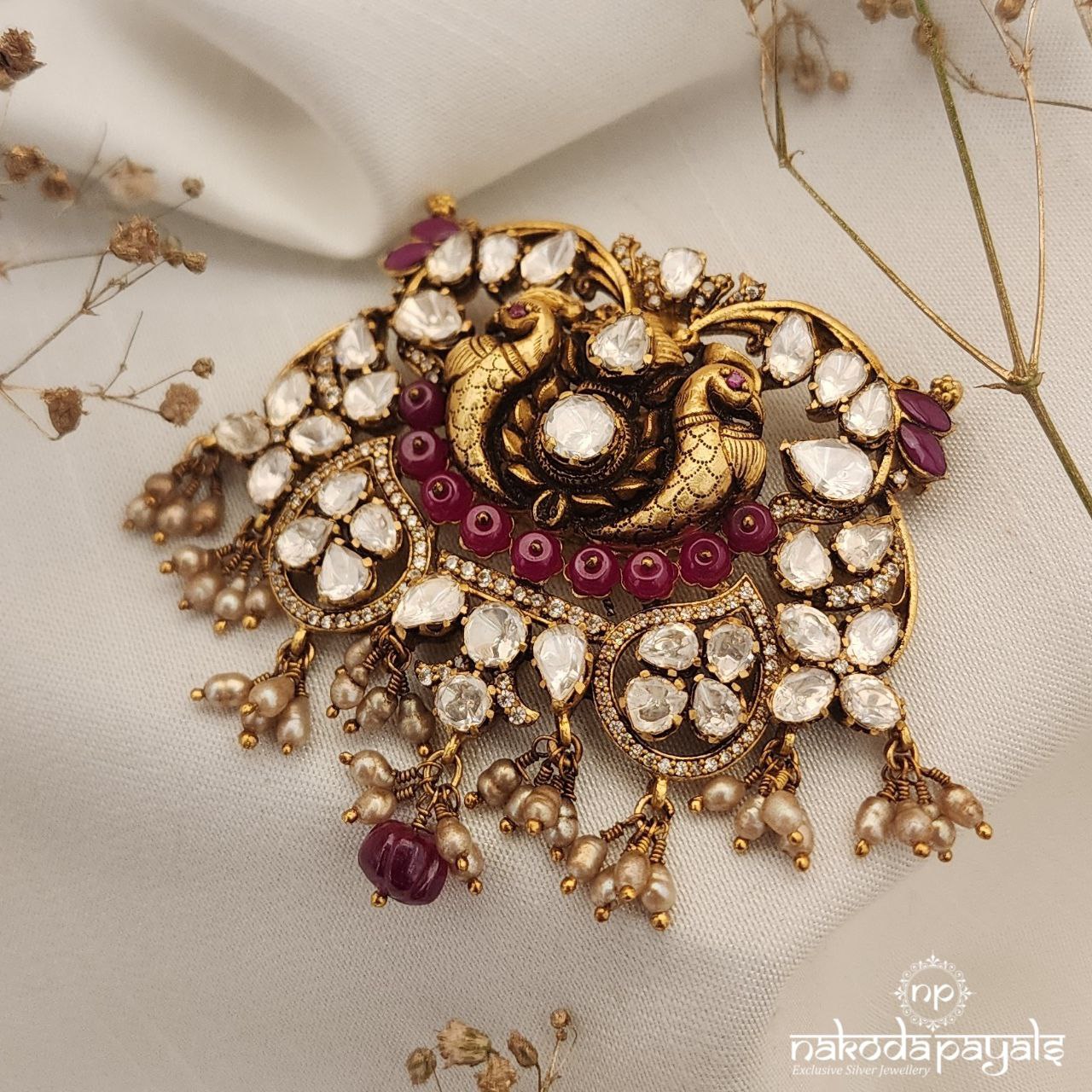 Pearly Twin Peacock Moissanite Pendant (Gp1946)