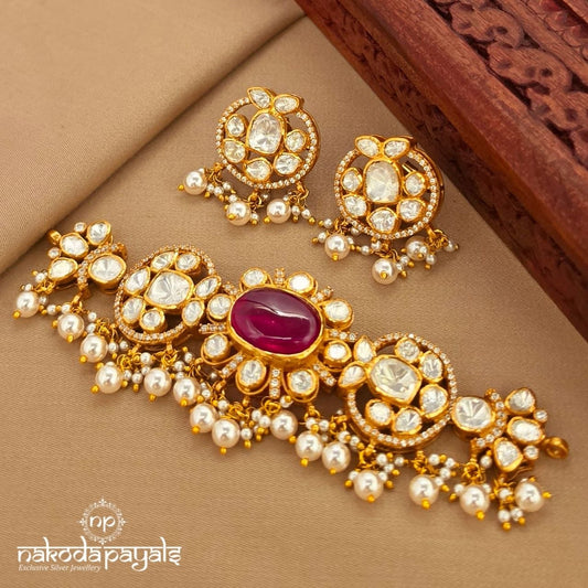 Ruby Moissanite Choker With Earrings (Gn10092)