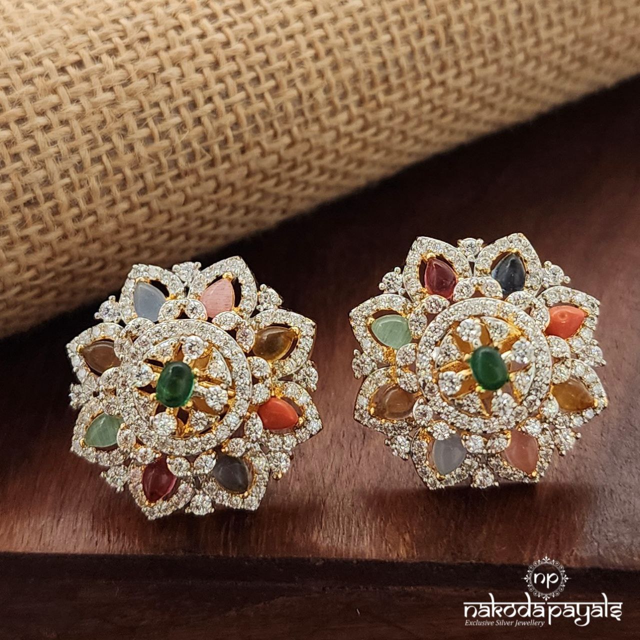 3D Navaratna CZ Earrings (Ge9790)