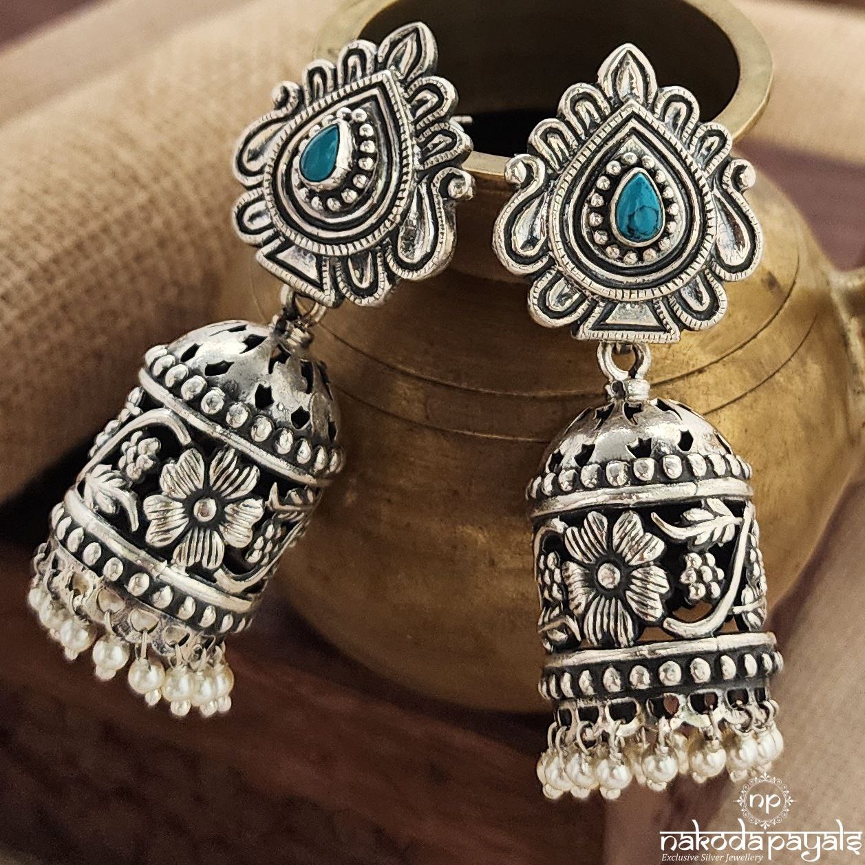 Turquoise Lotus Bell Jhumka (J1144)