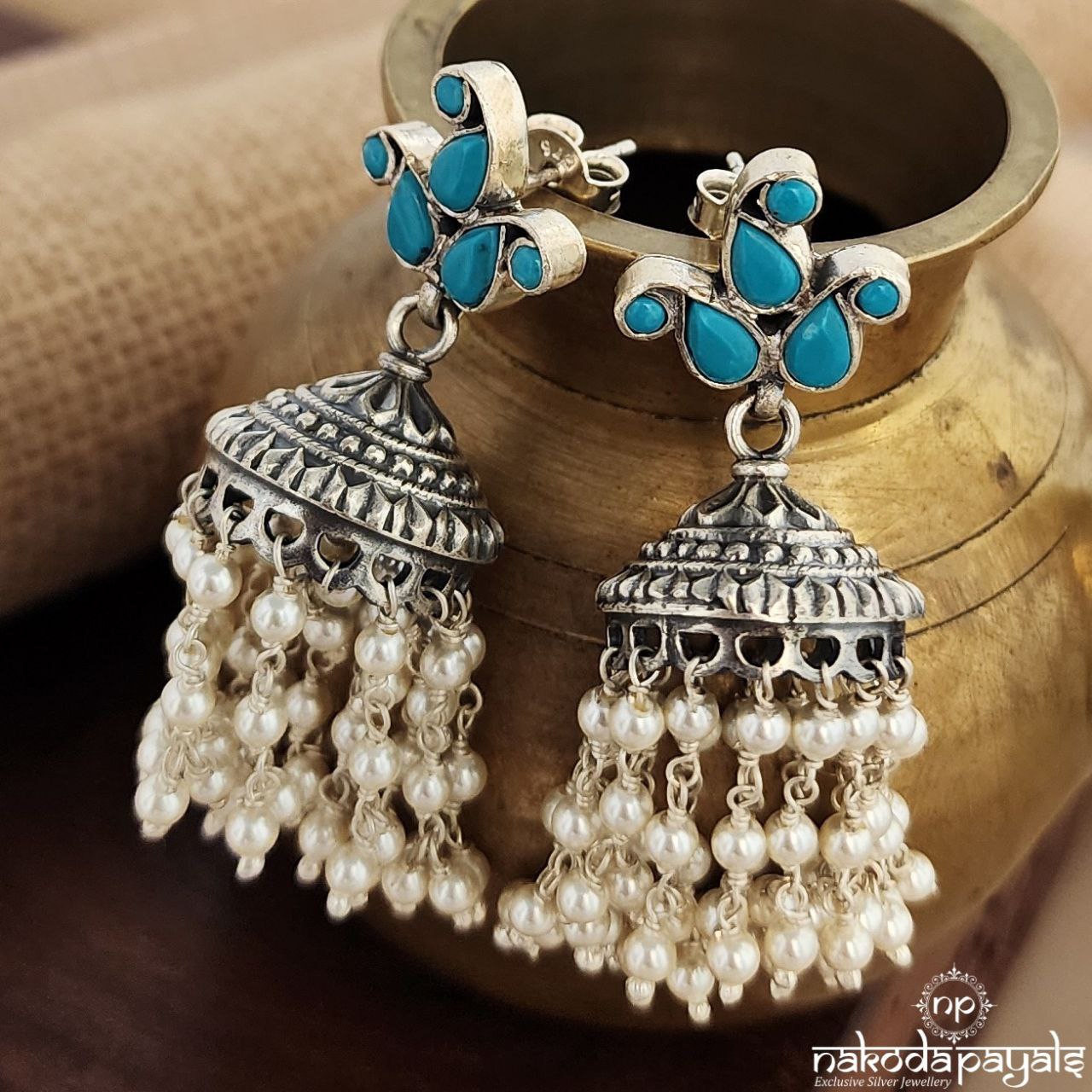 Torquoise Pearled Drop Jhumka (J1155)