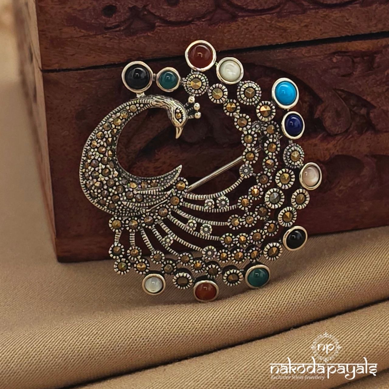 Peacock Navaratna Marcasite Brooch (St4032)