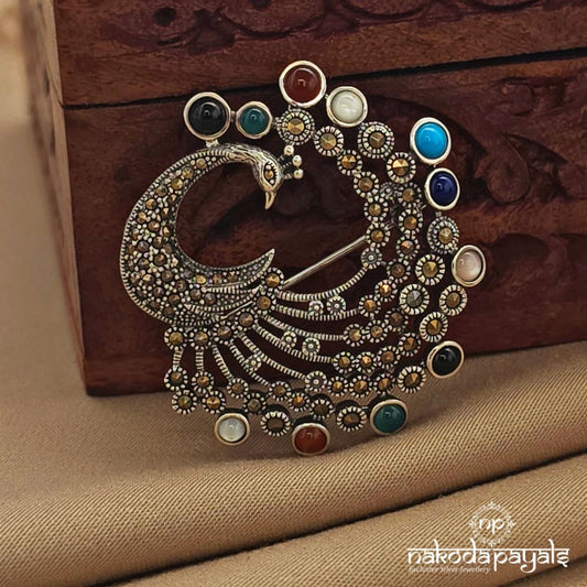 Peacock Navaratna Marcasite Brooch (St4032)