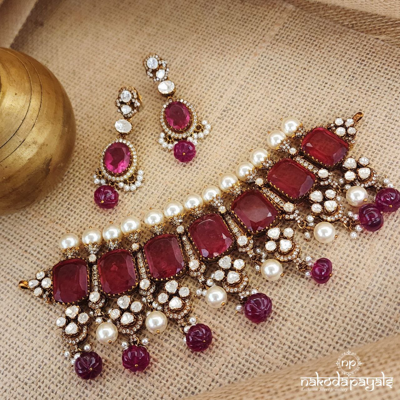 Ruby Drops Moissanite Choker With Earrings (Gn8458)