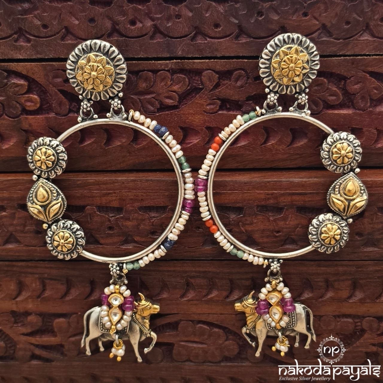 Cow Floral Pearly Dual Tone  Earrings (C4268)