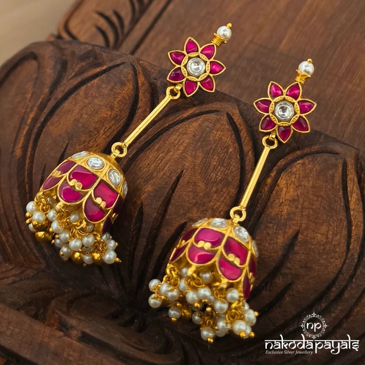 Pink Kundan Floral Jhumka (Ge11558)