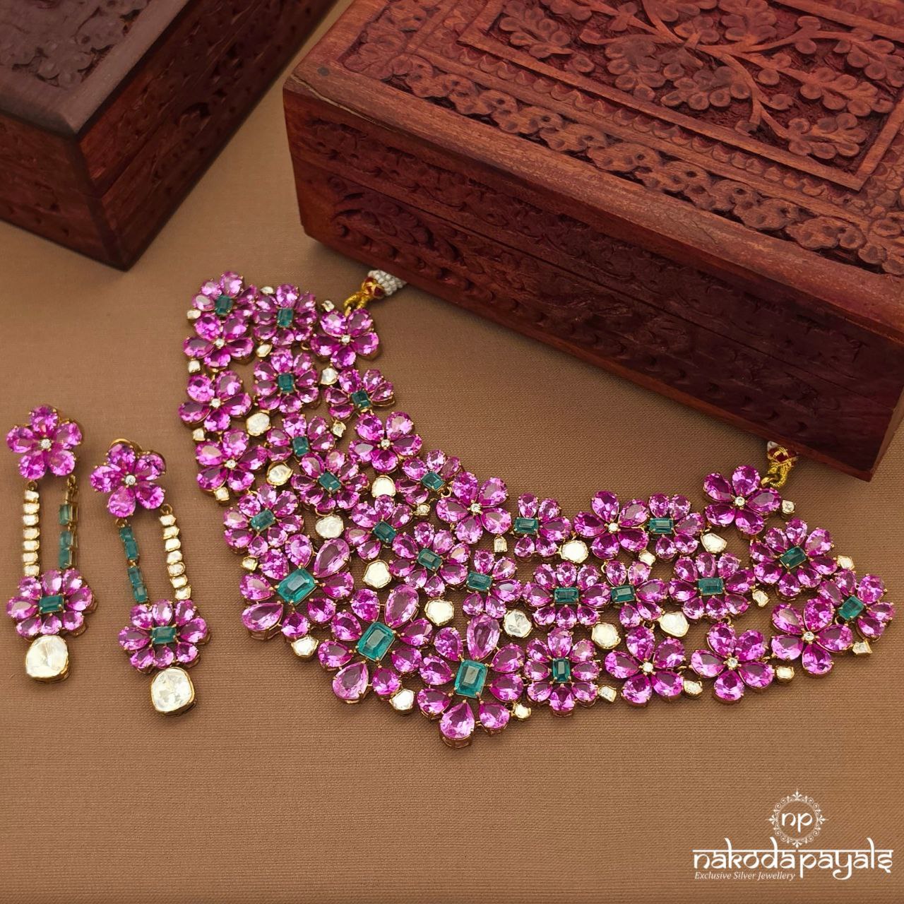 Glorious Pink Neckpiece With Earrings (Gn10043)