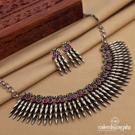 Tribal Pink Neckpiece With Earrings (N11732)