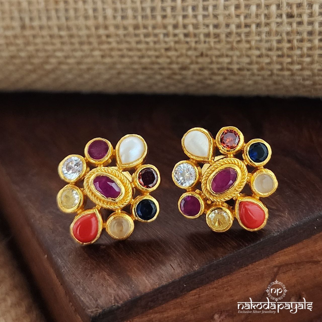 Navaratna Oval Pink Studs (Ge9344)