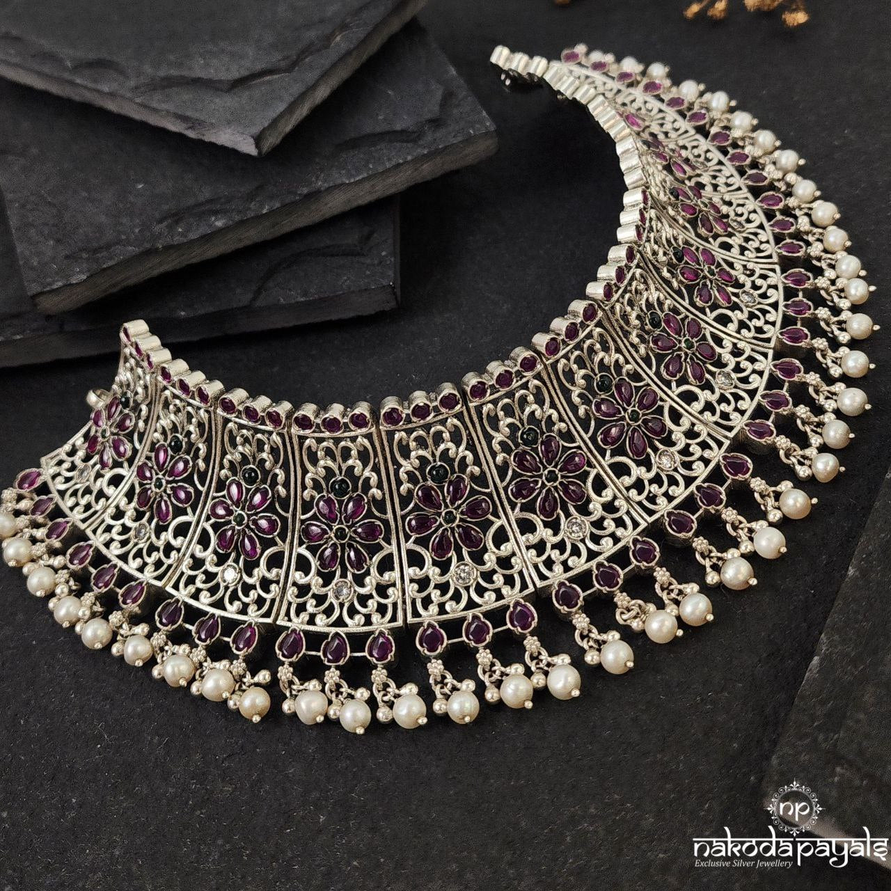 Rose Bloom  Pearled Drop Choker (N10538)