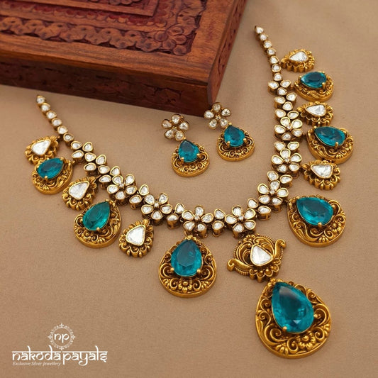 Exemplary Green Drop Floral Neckpiece With Earrings (Gn10809)