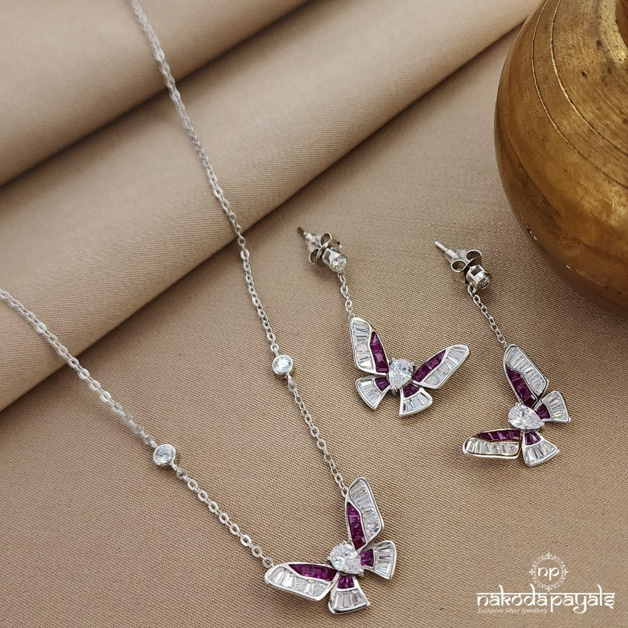 Pink Butterfly Neckpiece With Earrings (St3459)