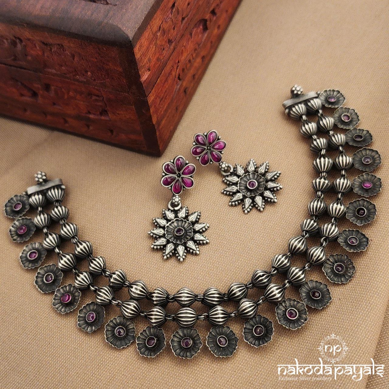 Pink Floral Neckpiece With Earrings (N11613)