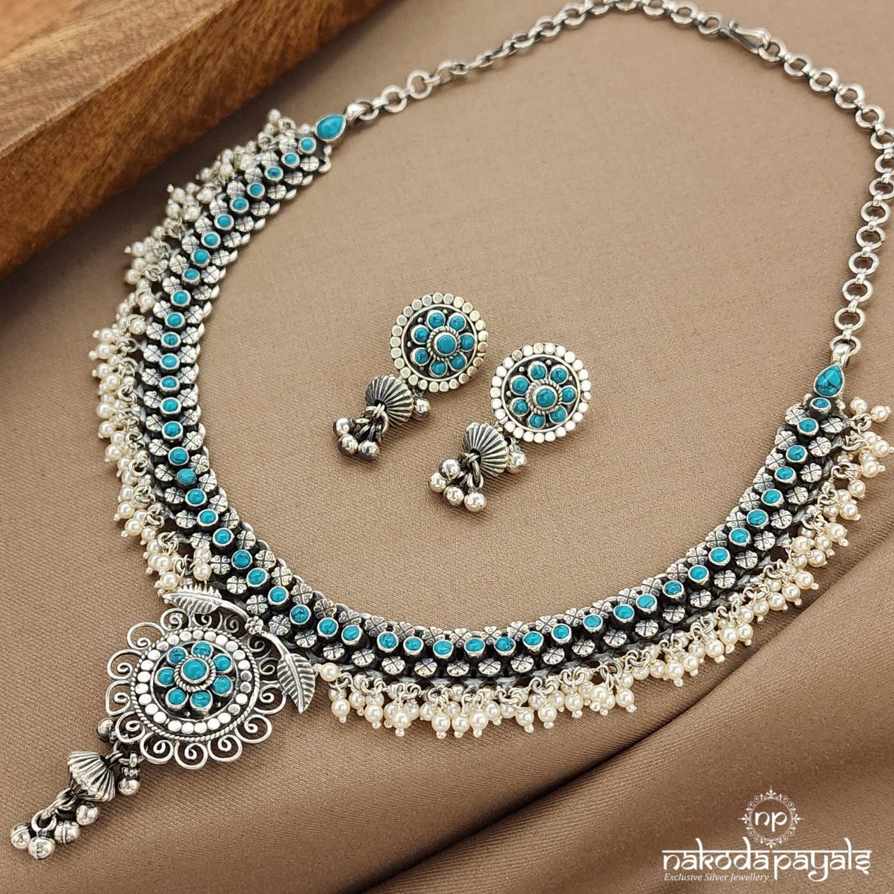Turquoise Pearled Drop Neckpiece With Earrings (N11024)