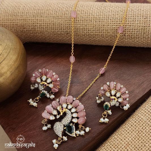 Pink Peacock Neckpiece With Earrings (Gn8968)