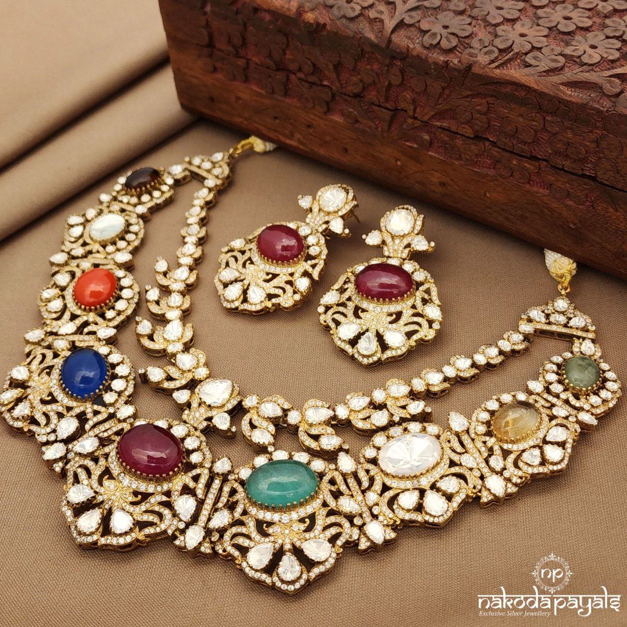 Navaratna Moissanite Neckpiece With Earrings (Gn9941)