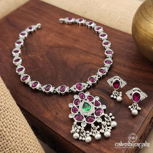 Glittering Pink Neckpiece With Earrings (N10478)