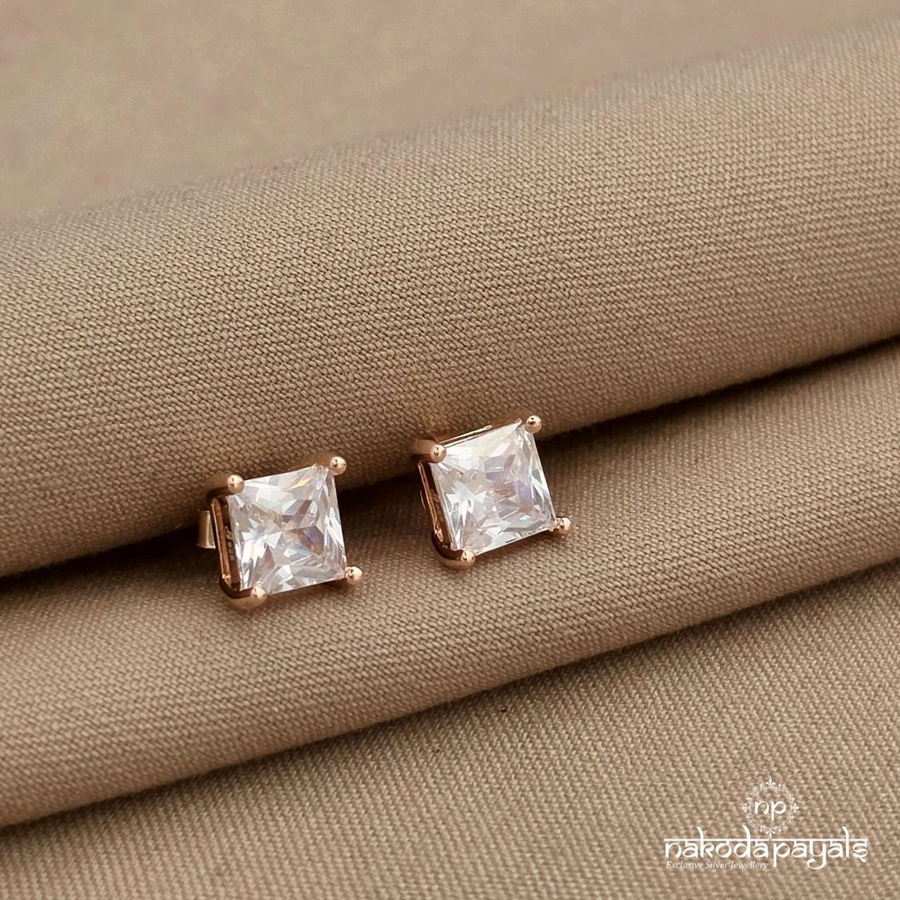 Squarish White Rose Gold Studs (St4087)