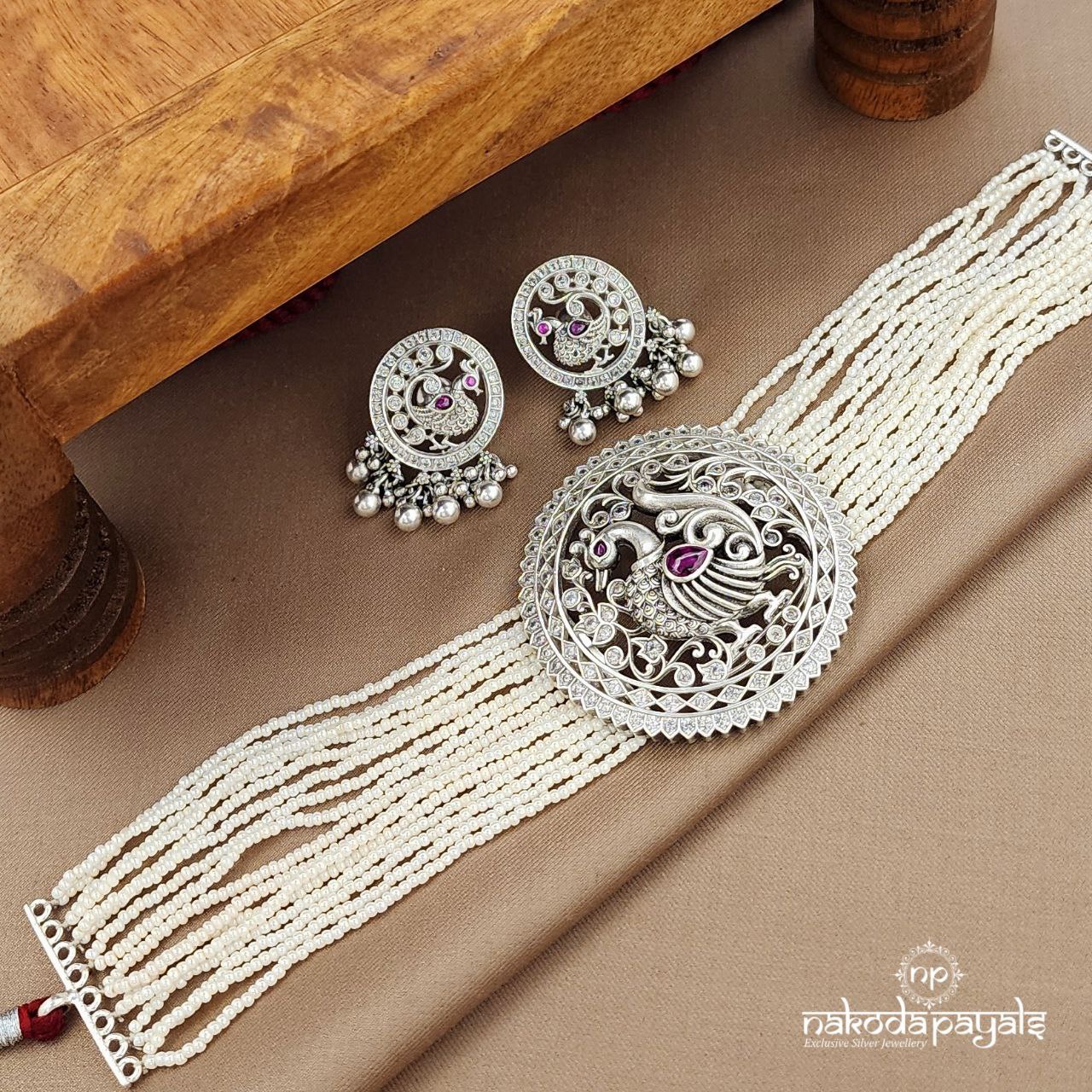 Peacock Circular Pearled Choker With Earrings (N11090)