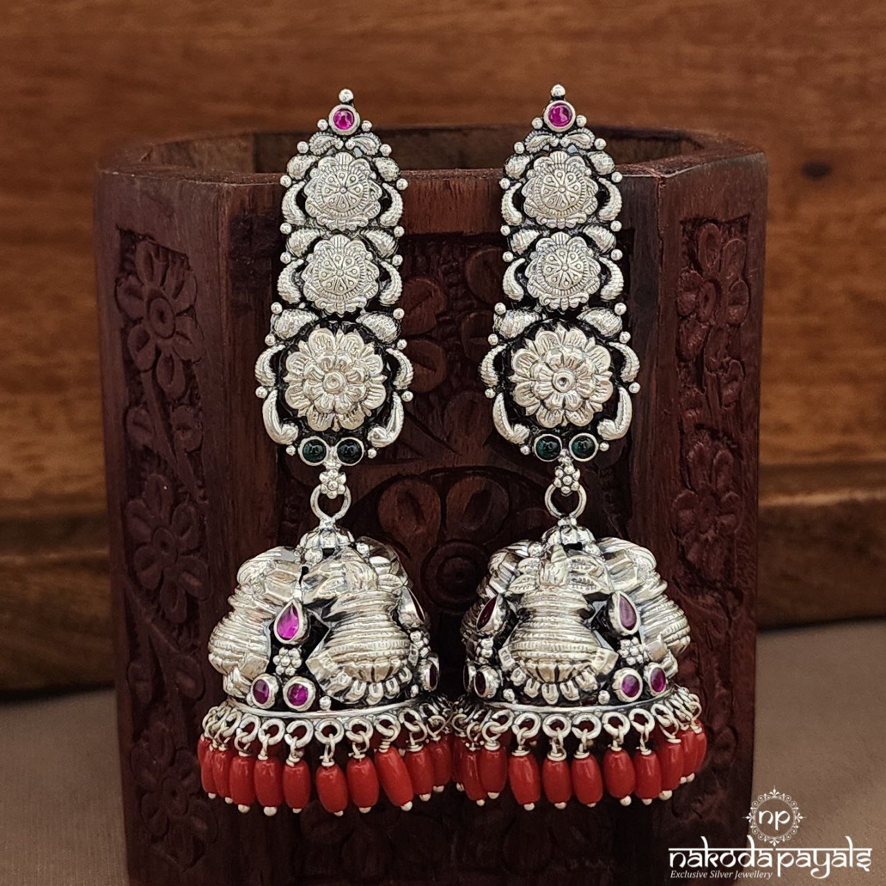 Oxidised Kalasha Coral Jhumka (J1466)