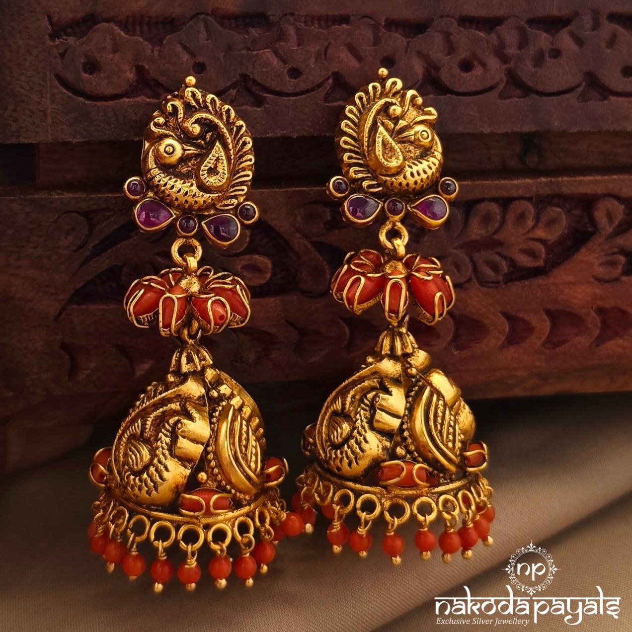 Peacock Coral Floral Jhumka (Ge11328)