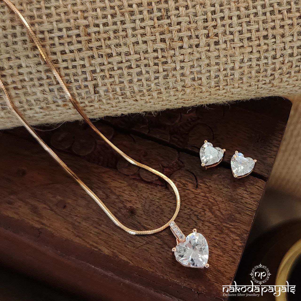 Rose Gold Heart Drop Neckpiece with Earrings (St3307)