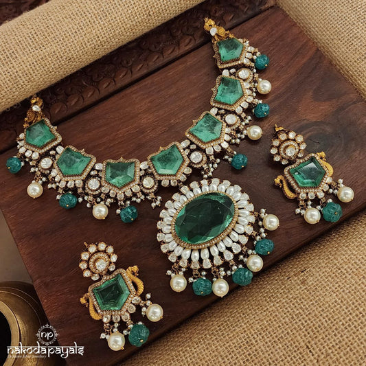 Green Moissanite Neckpiece With Earrings (Gn8607)