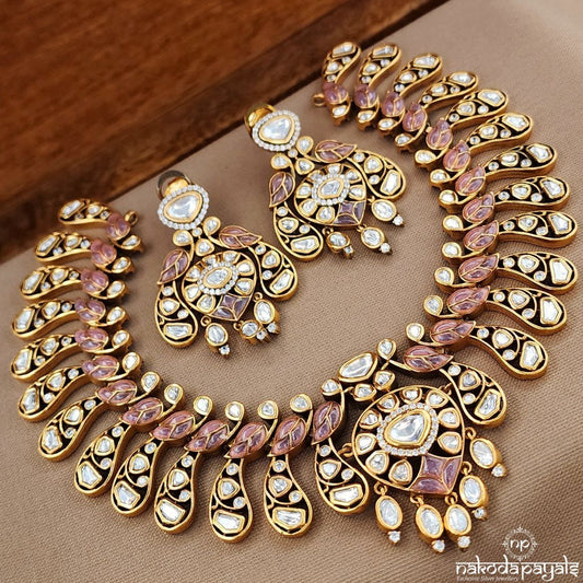Pink Leafy Neckpiece With Earrings (Gn9436)