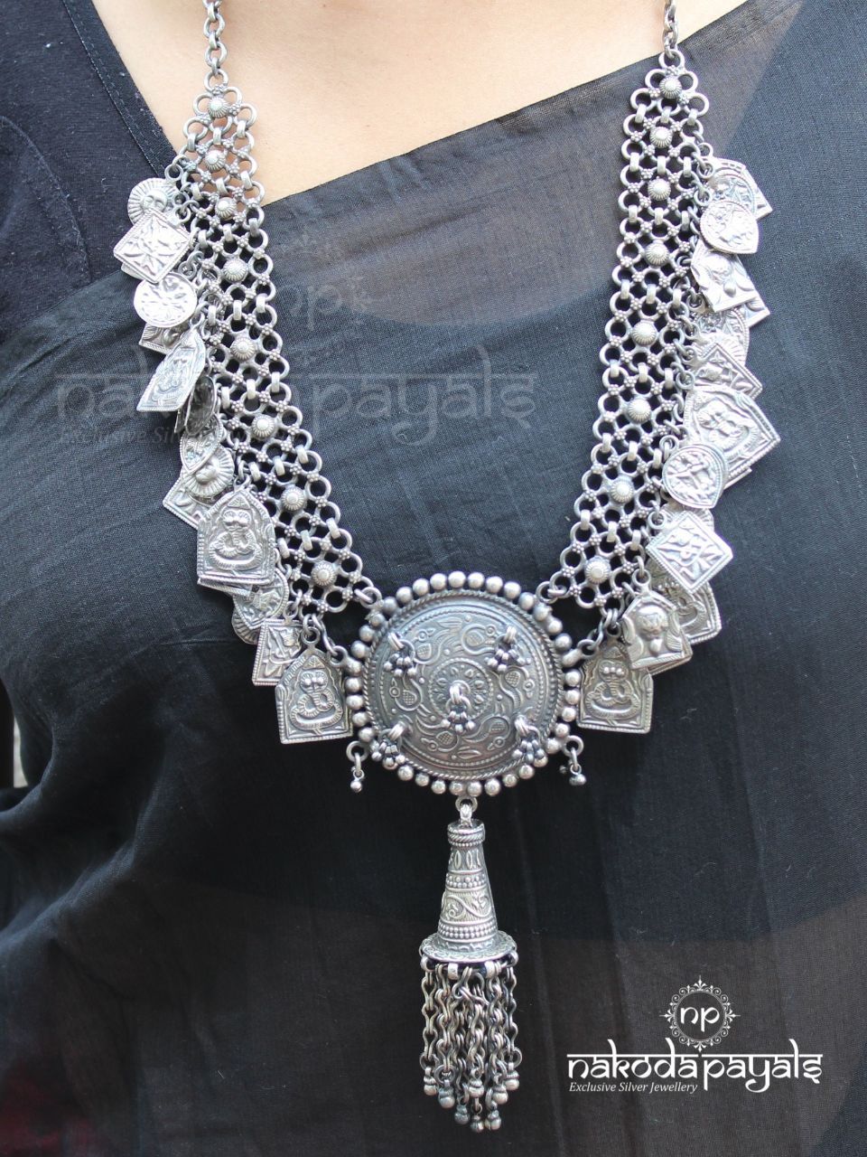 Cracking Charms Long Oxidised Necklace