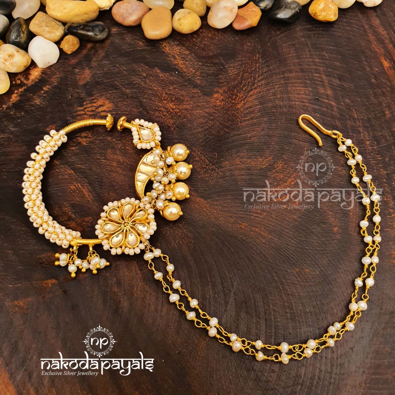 Double Chained Pearl In Kundan Nath