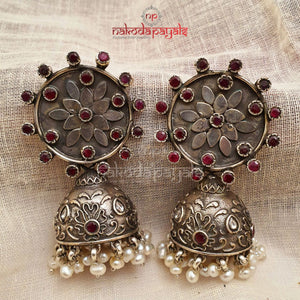 Embossed Red Floral Pearly Jhumka