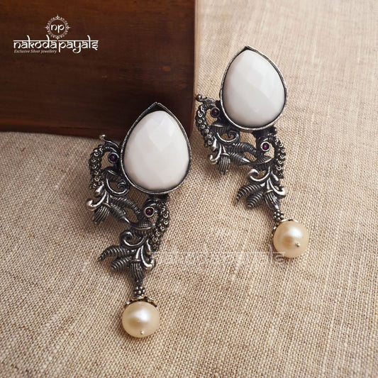 White Drop Antique Peacock Earrings