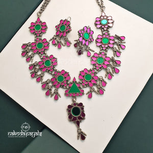 Pink & Green Glass Neckpiece With Earrings