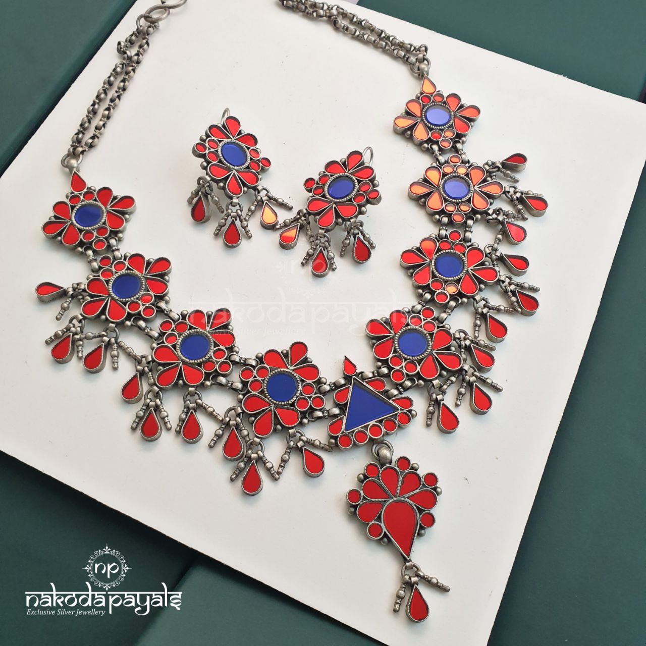 Red & Blue Glass Neckpiece With Earrings