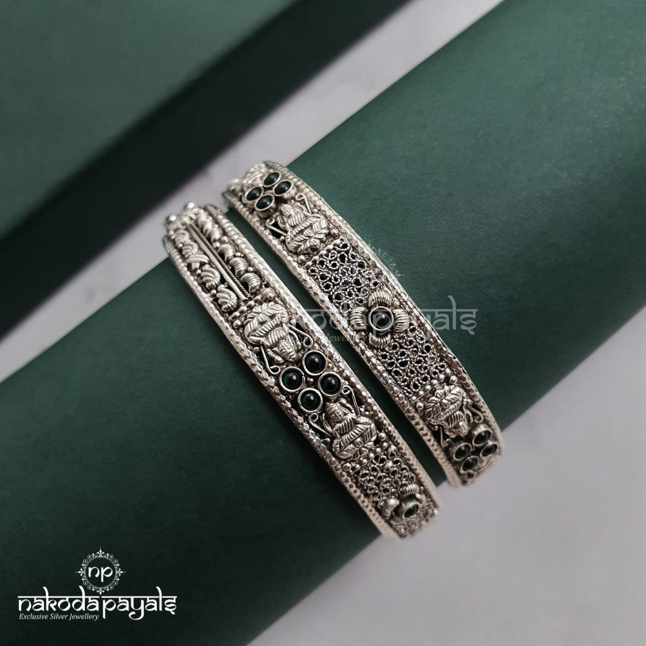 Precisely Carved Lakshmi Bangle Pair(Green)