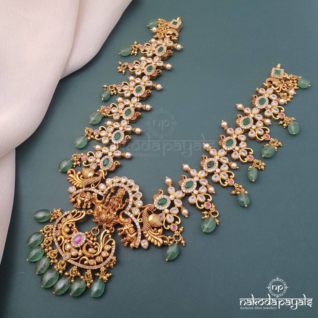 Pleasing Green Drops Lakshmi Neckpiece