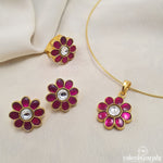 Red Floral Hasli With Earrings & Ring