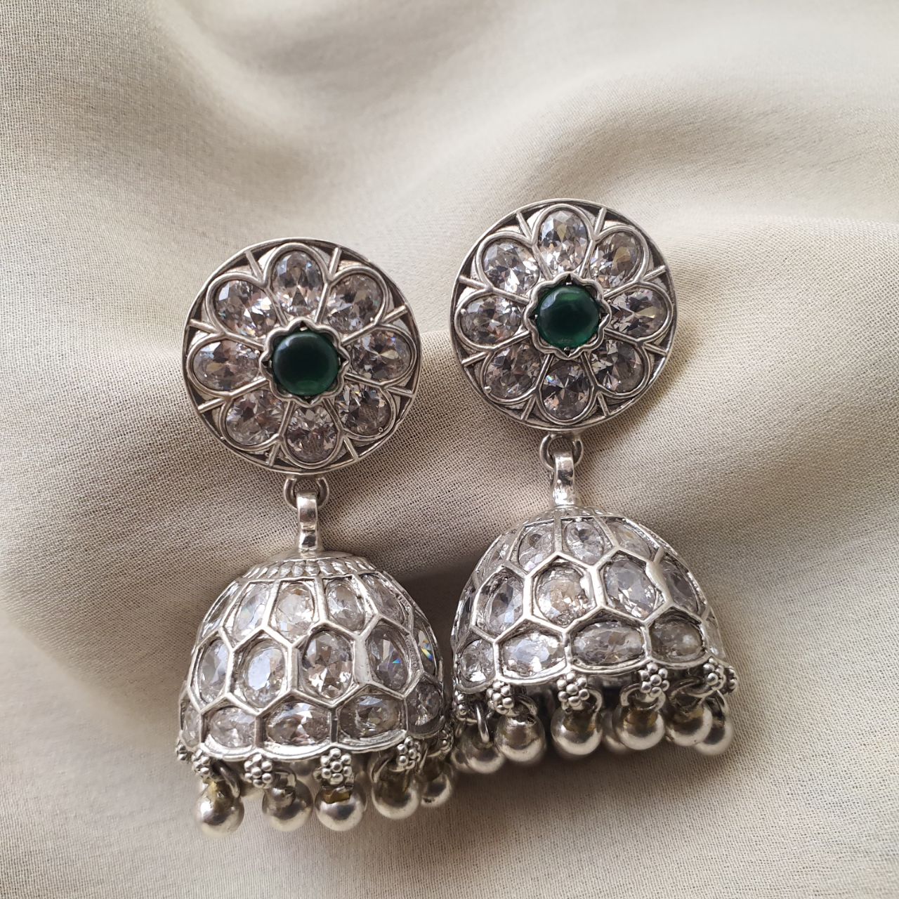 Sparkling Cutstone Jhumka (Green)