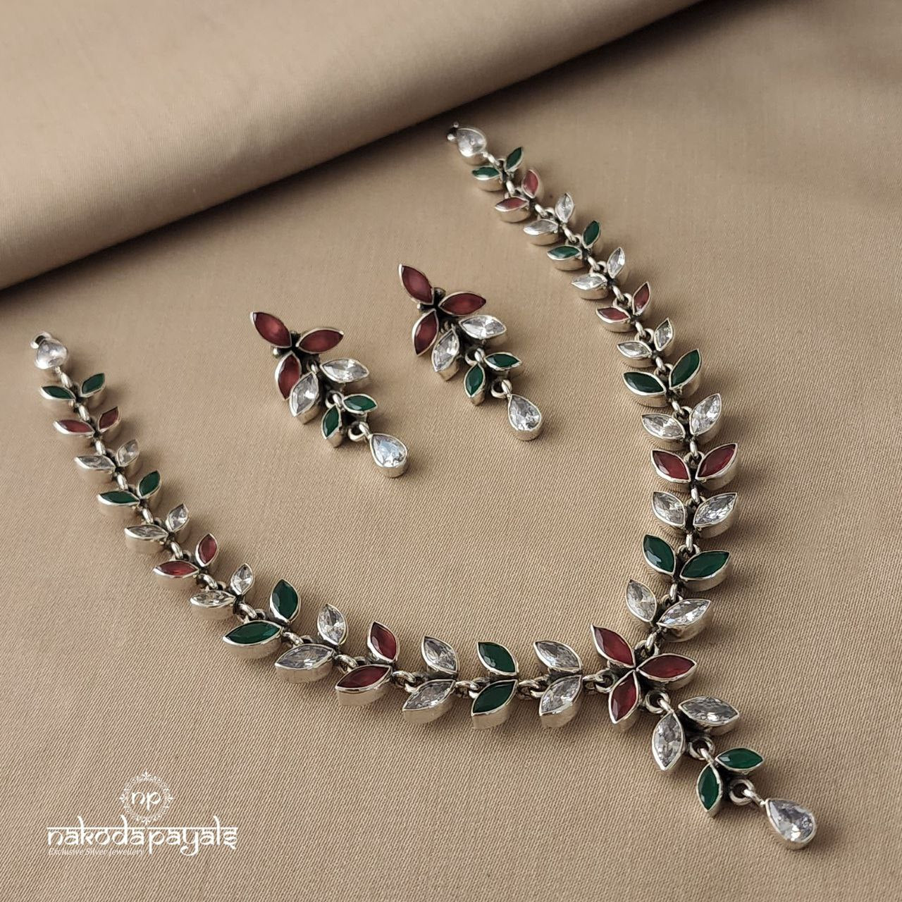 Multicolored Leafy Twig Neckpiece With Earrings (N6974)